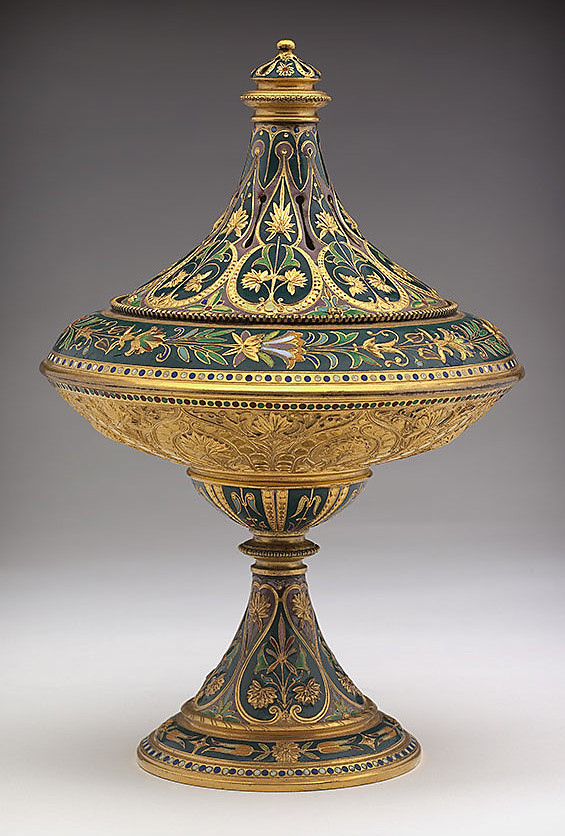 PROV.192-2015 Perfume burner Electroformed copper-gilt and enamelled perfume burner designed by AA Willms for Elkington & Company of Birmingham, ca. 1873, a model shown at the Vienna Universal Exhibition, 1873 Auguste Adolphe Willms (1827-1899), Chief designer at Elkington and Co., Birmimgham Elkington & Co. Birmingham Made around 1873 1873 Gilt copper, electroformed and enamelled and assembled using an extended, threaded stem screw to the base