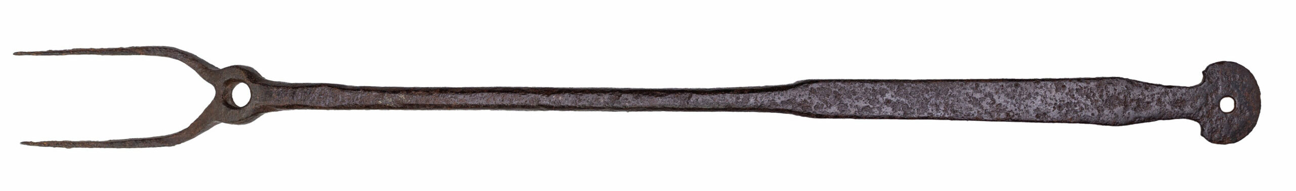 A late 17th – early 18th century flesh fork. The function of the hole near the base is uncertain: one possibility is that the fork was intended to fit onto a stand of some kind.